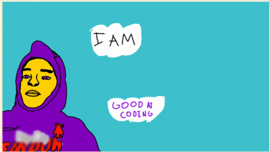 Student animation reveals a hooded character on a turqoise background. The text reads "I am good at coding"