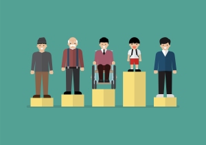 Conceptual illustration of equity shows persons of different heights standing on boxes which level their height.